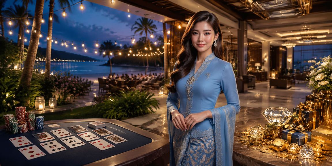 Permainan kad rummy dalam suasana Langkawi dengan pakaian baju kurung Malaysia