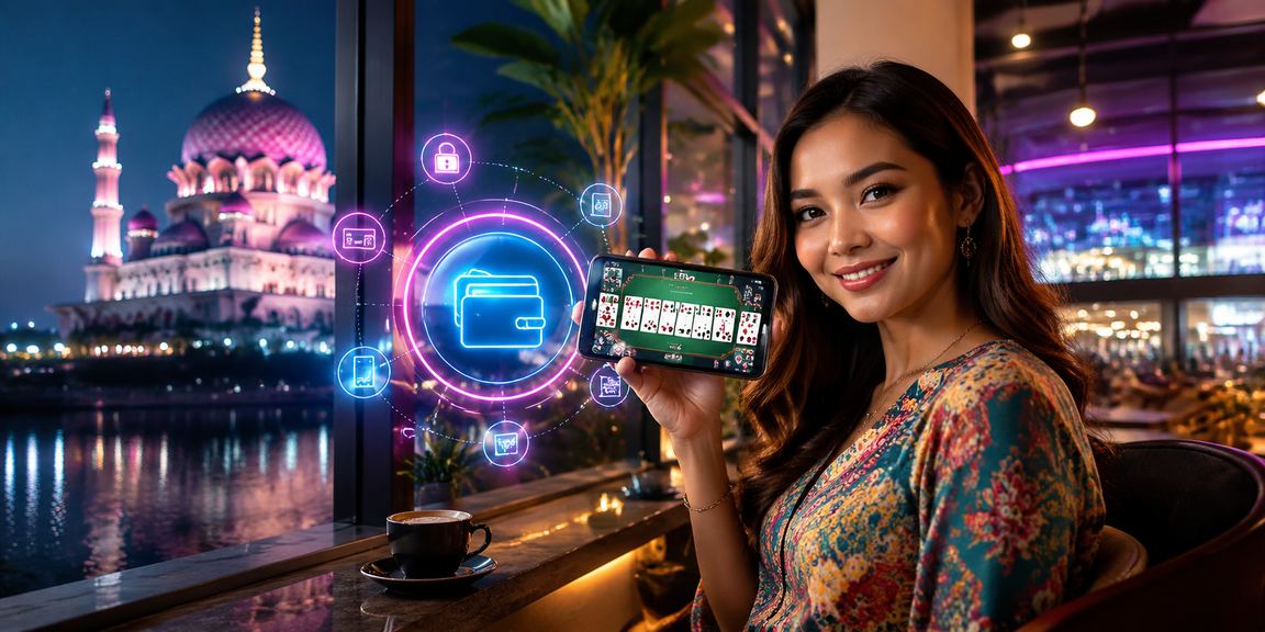 Putrajaya rummy game in an online casino setting with a modern Malay style
